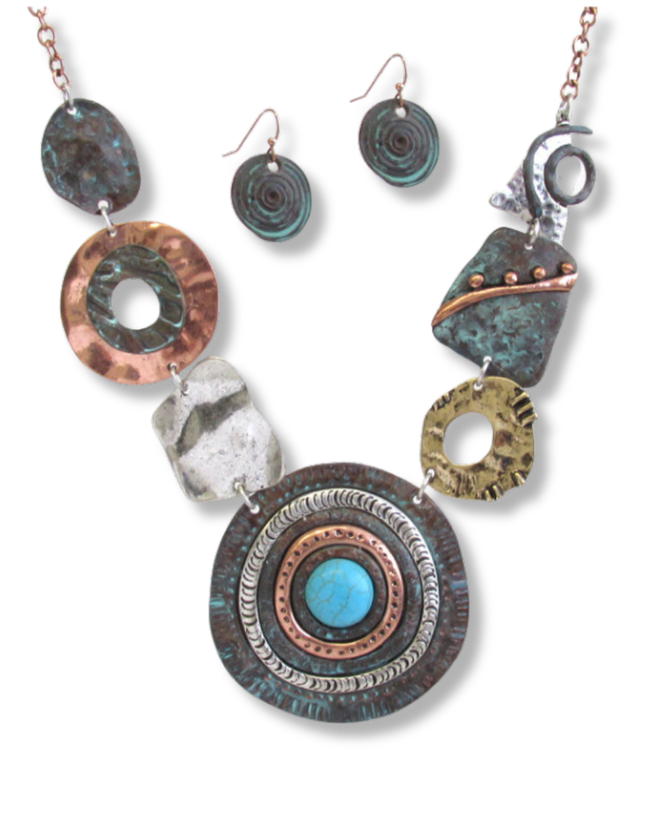 Jewelry set with necklace and earrings featuring circular designs and turquoise stone on a white background