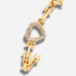 Gold bracelet with heart design and clear stones on a white background