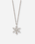 Silver snowflake pendant necklace on a white background