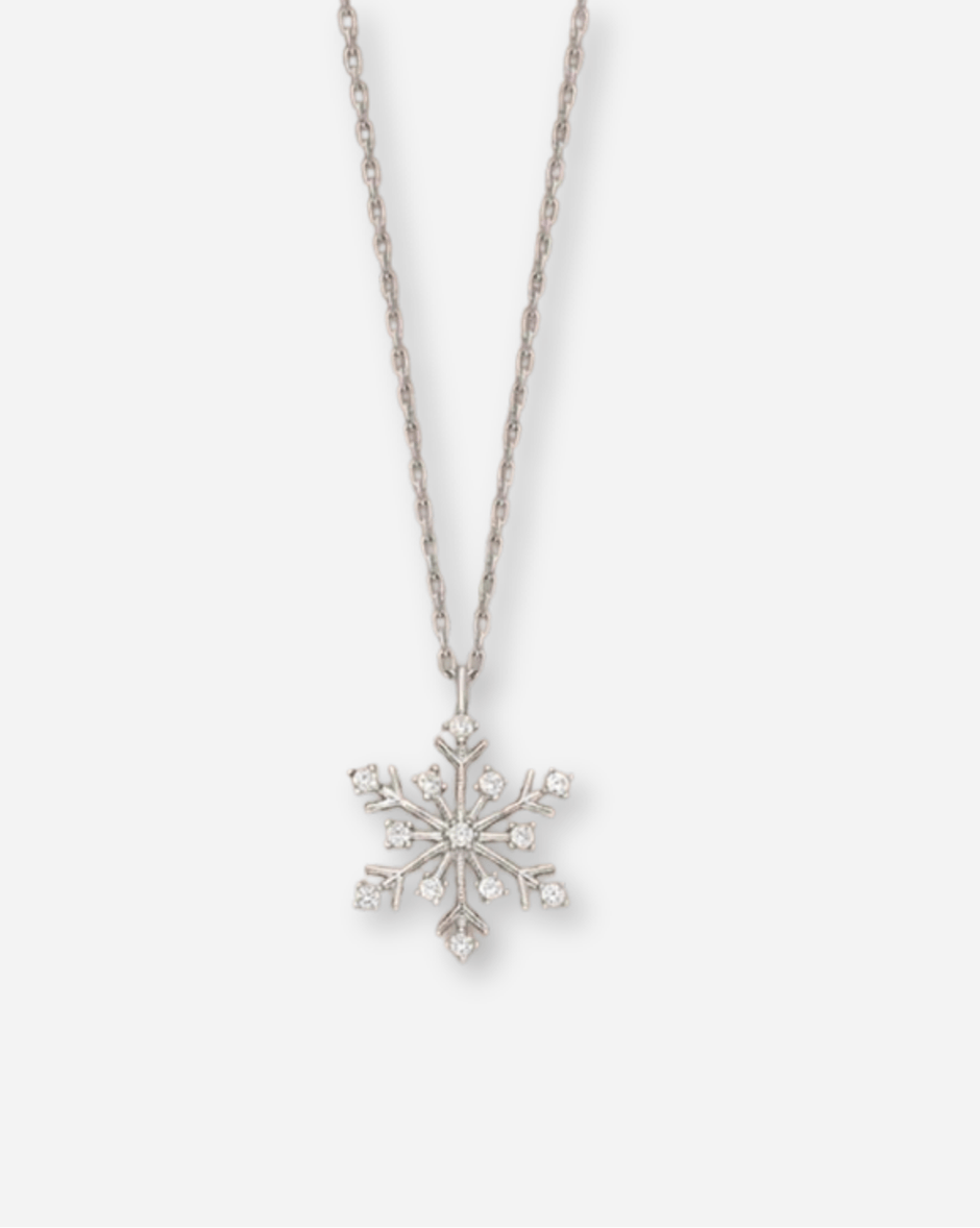 Silver snowflake pendant necklace on a white background