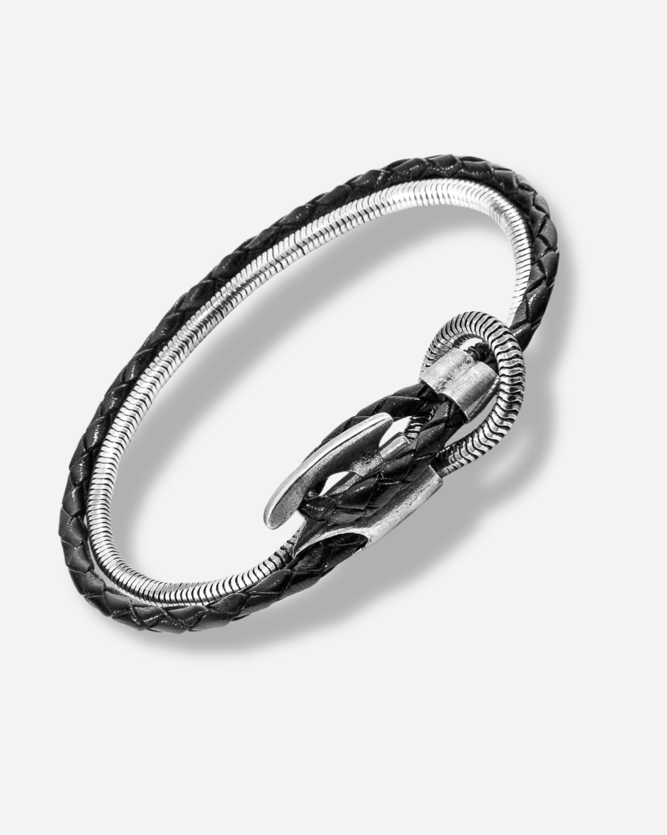 Black braided leather bracelet with silver clasp on a white background