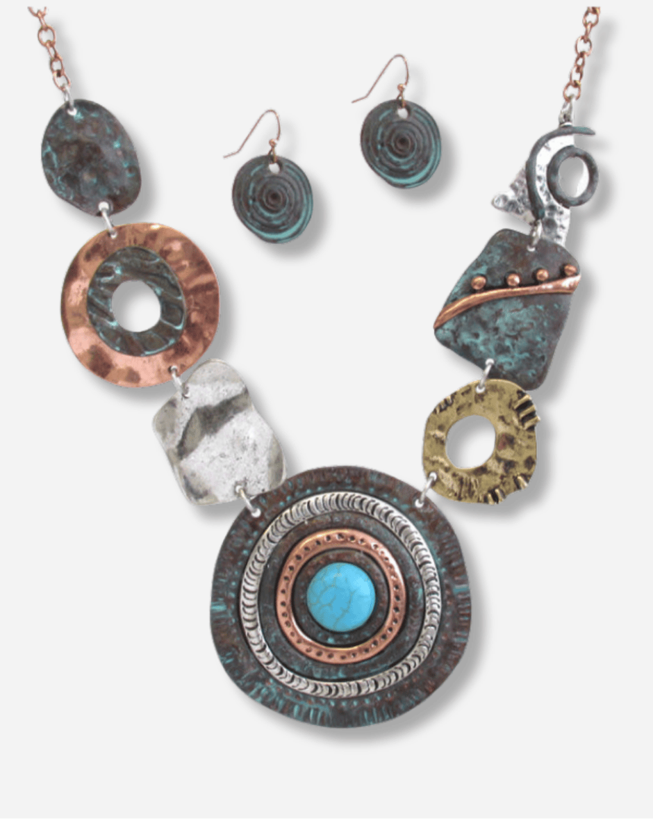 Jewelry set with necklace and earrings featuring circular designs and turquoise stones on a white background