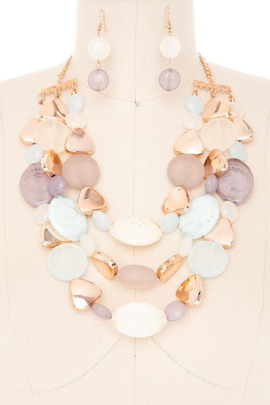 Mix pebble resin bead statement necklace set with matching drop earrings