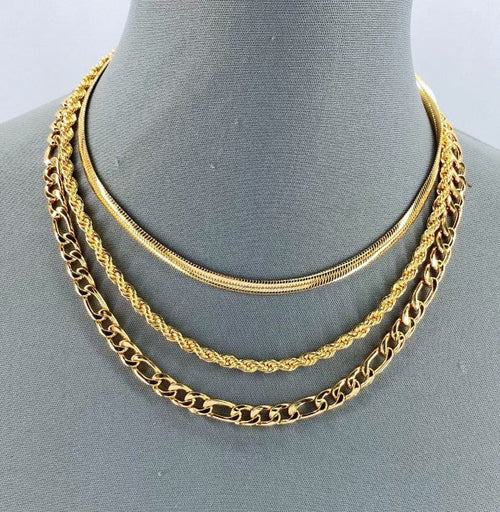 Three gold chains on a mannequin neck against a gray background