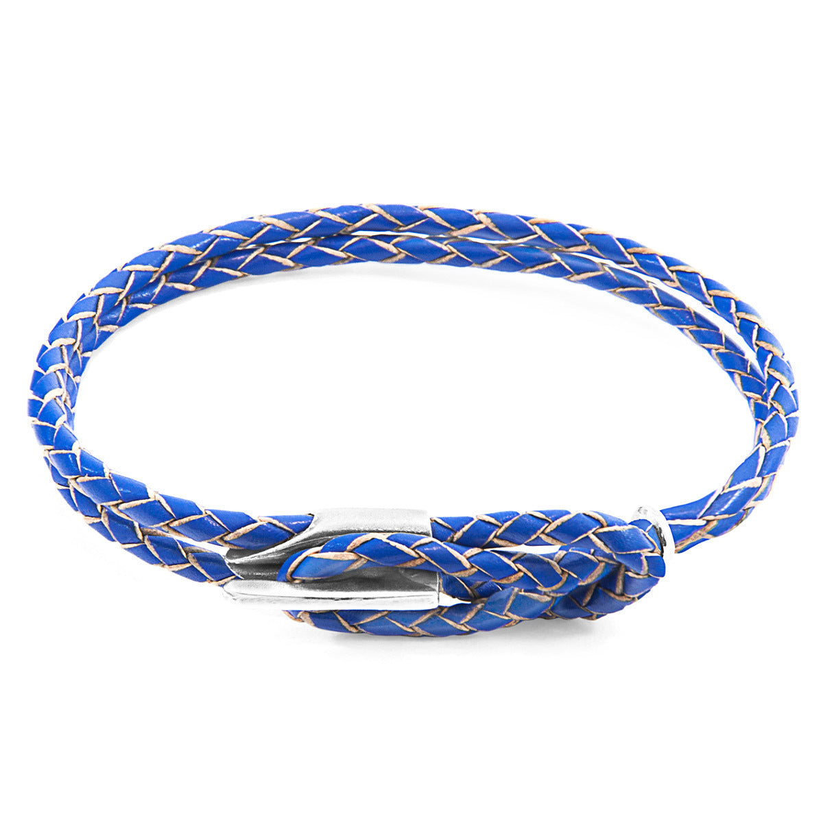 Blue braided bracelet with a silver clasp on a white background