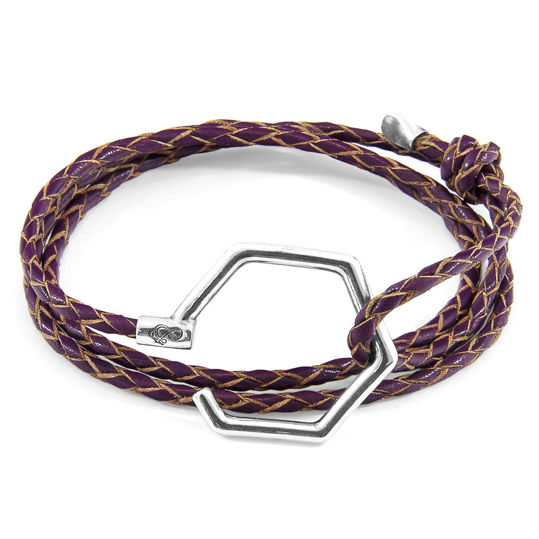 Bracelet with purple and gold braided cord and silver clasp on a white background