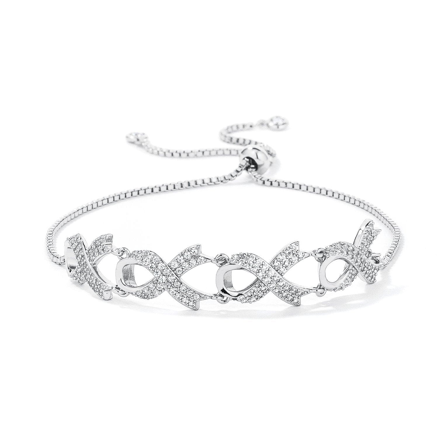 Silver bracelet with intricate design on a white background