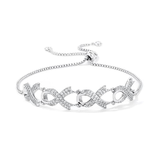 Silver bracelet with interlocking design on a white background