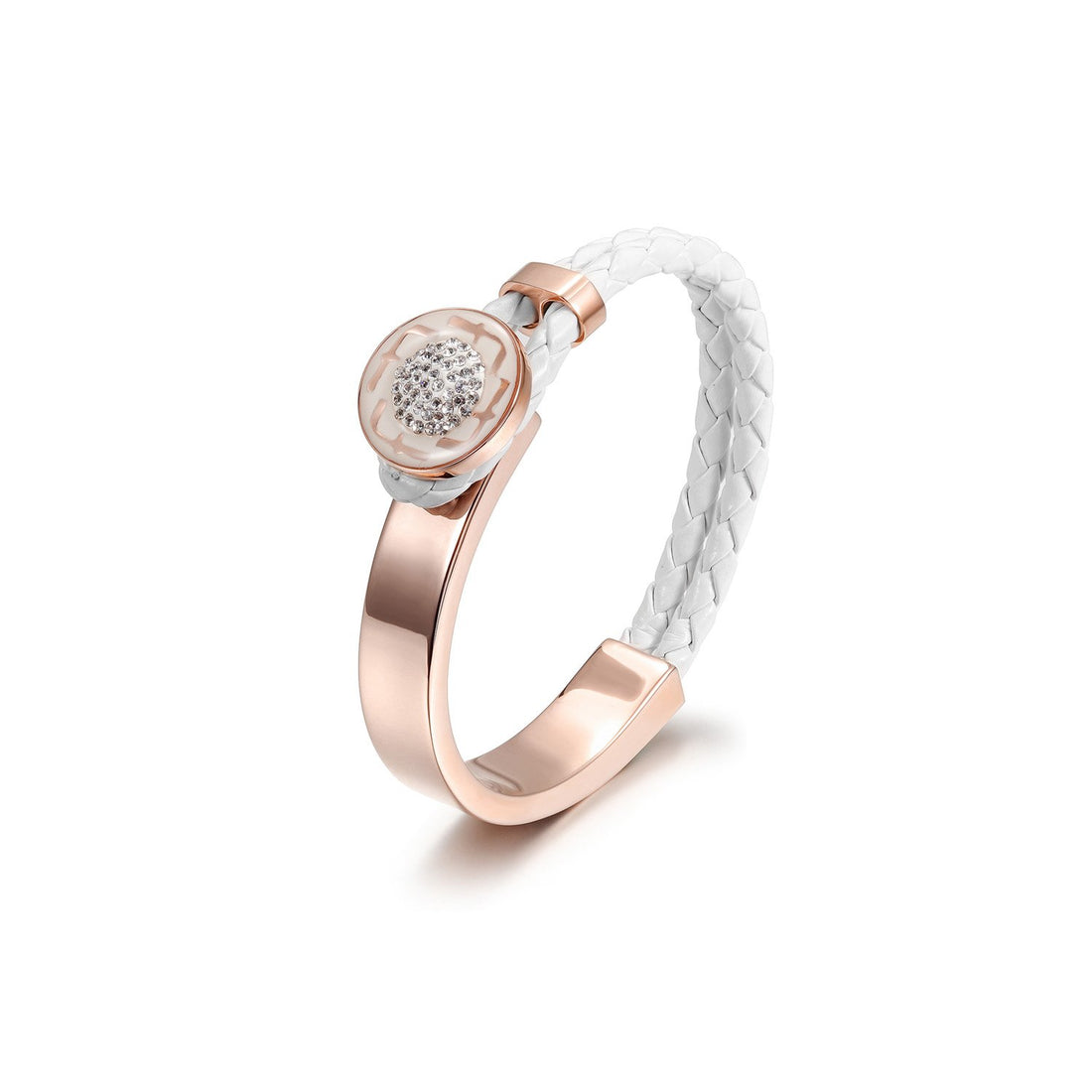 Rose gold ring with white braided band on a white background