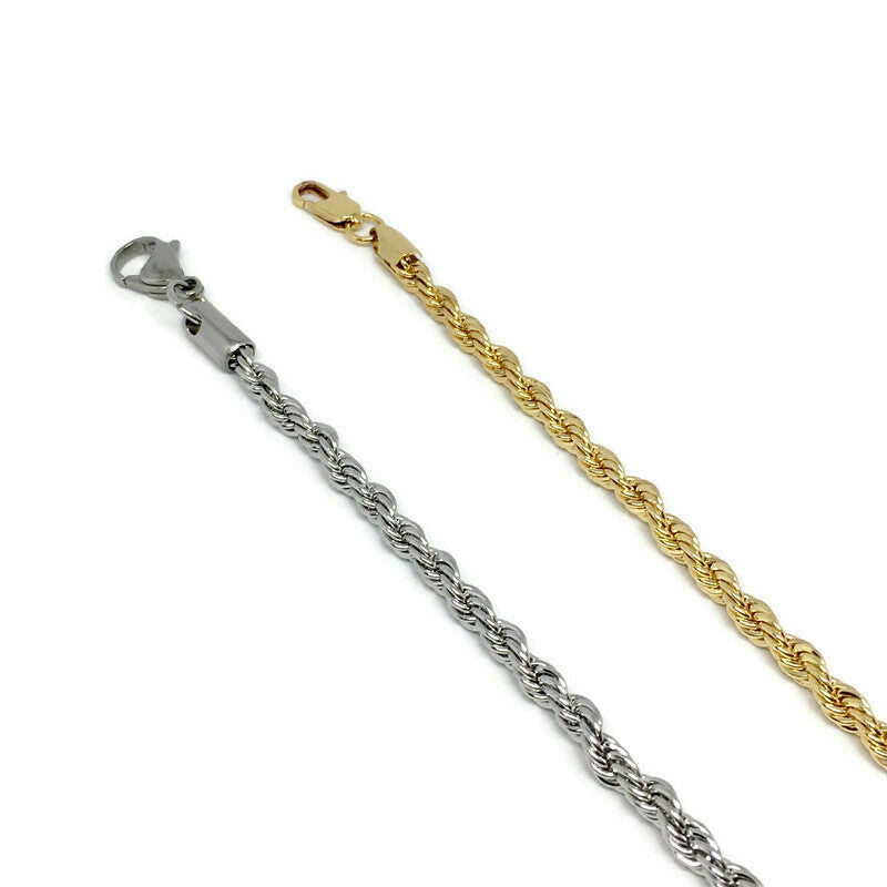 Two gold and silver rope chain necklaces on a white background