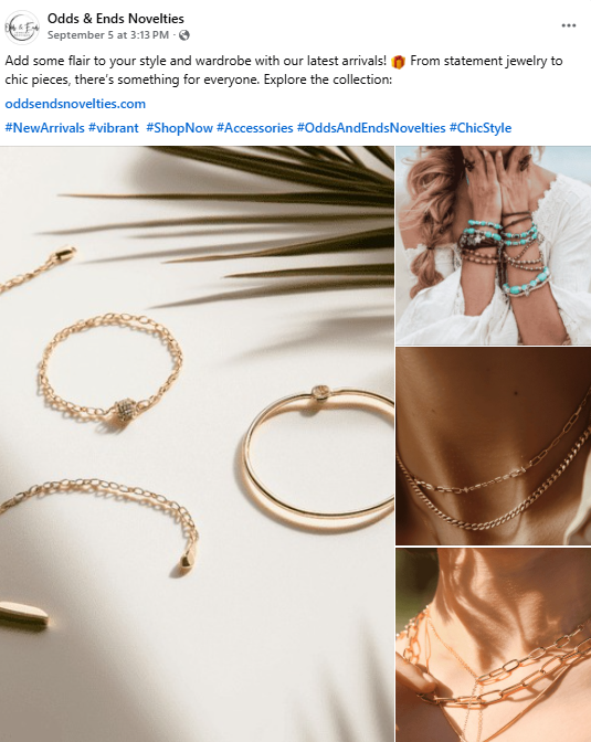 Advertisement for Odds & Ends Novelties jewelry with gold bracelets and hoop earrings on a white background.