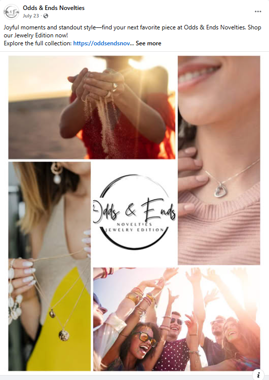 Promotional image for Odds & Ends Novelties jewelry with people wearing jewelry and a logo.
