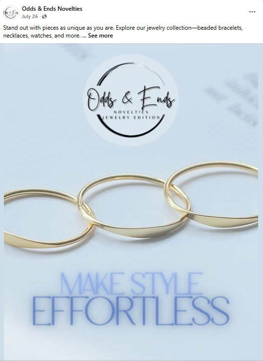 Gold beaded bracelets with 'Odds & Ends Novelties' branding on a light blue background.