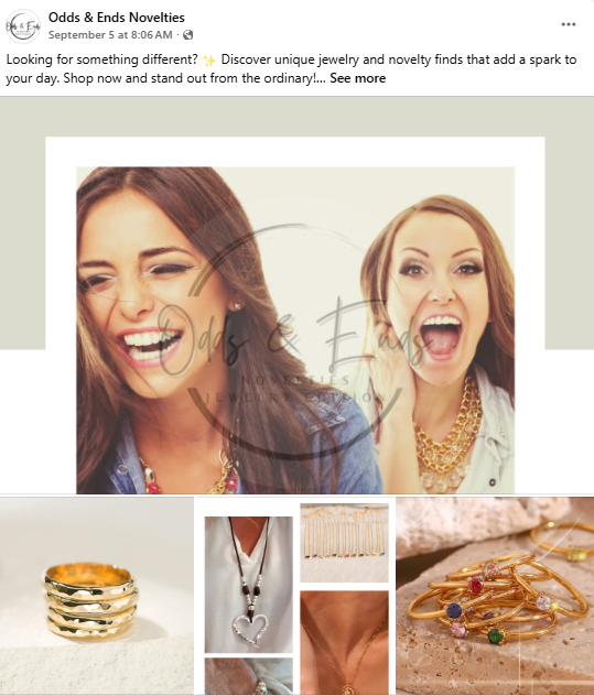 Promotional image for Odds & Ends Novelties jewelry with two women wearing gold jewelry.
