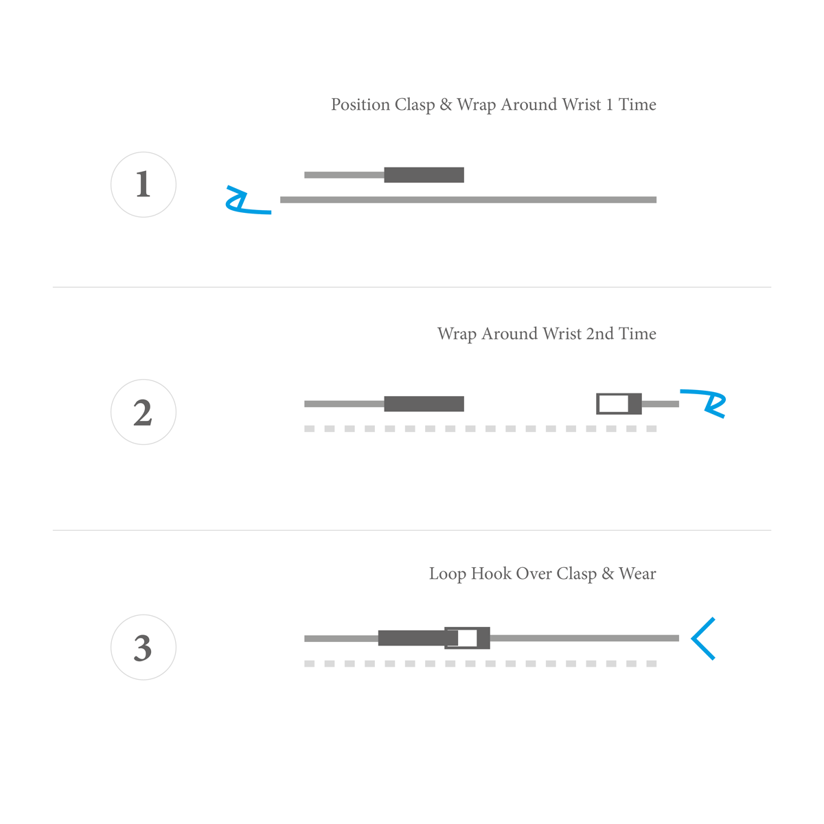 Step-by-step guide on how to wear a bracelet with illustrations and text instructions.