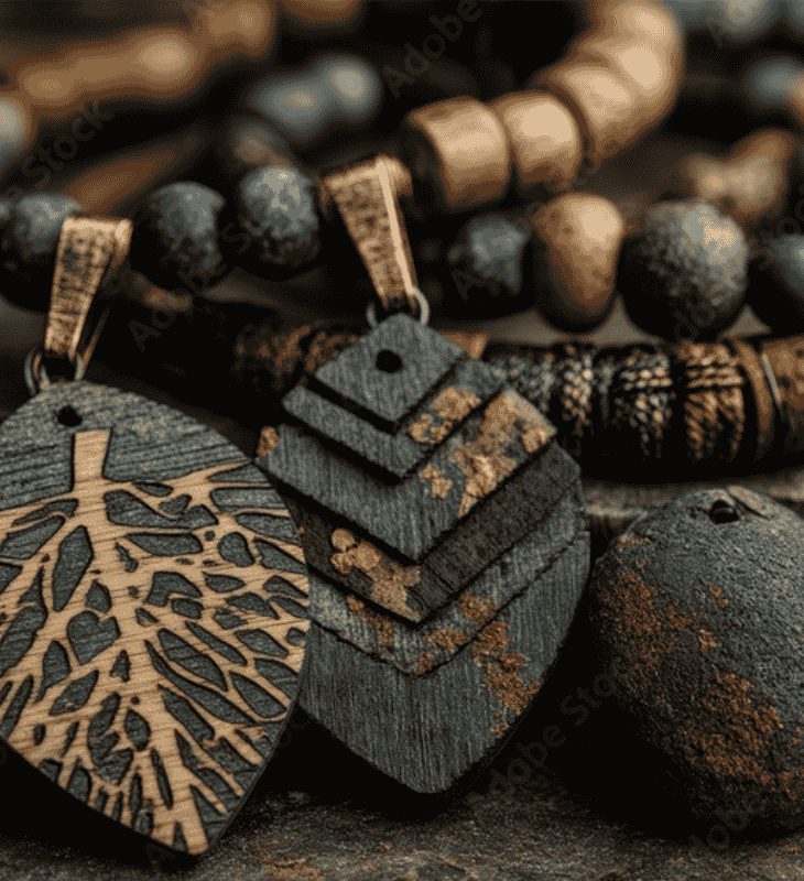 Close-up of wooden pendants with natural patterns on a dark surface