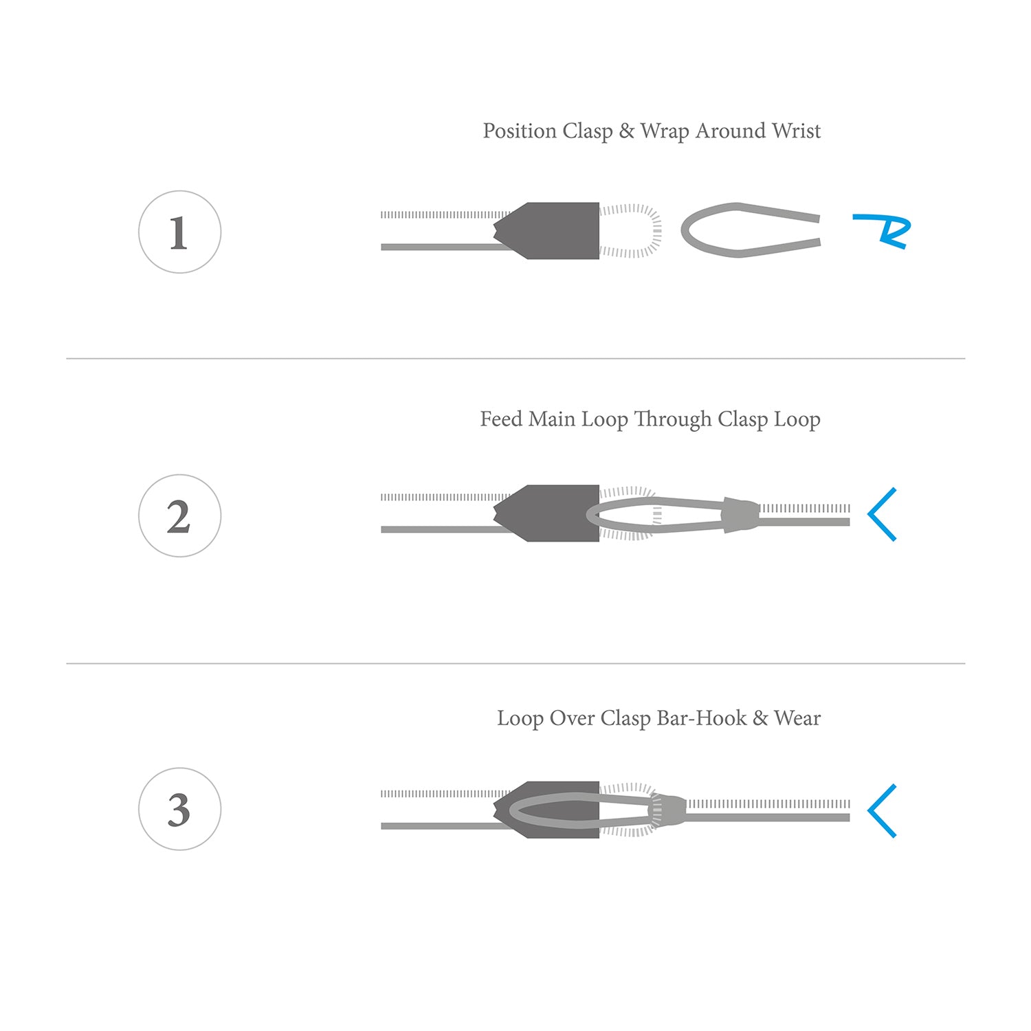 Step-by-step guide on how to use a clasp with illustrations and text instructions.
