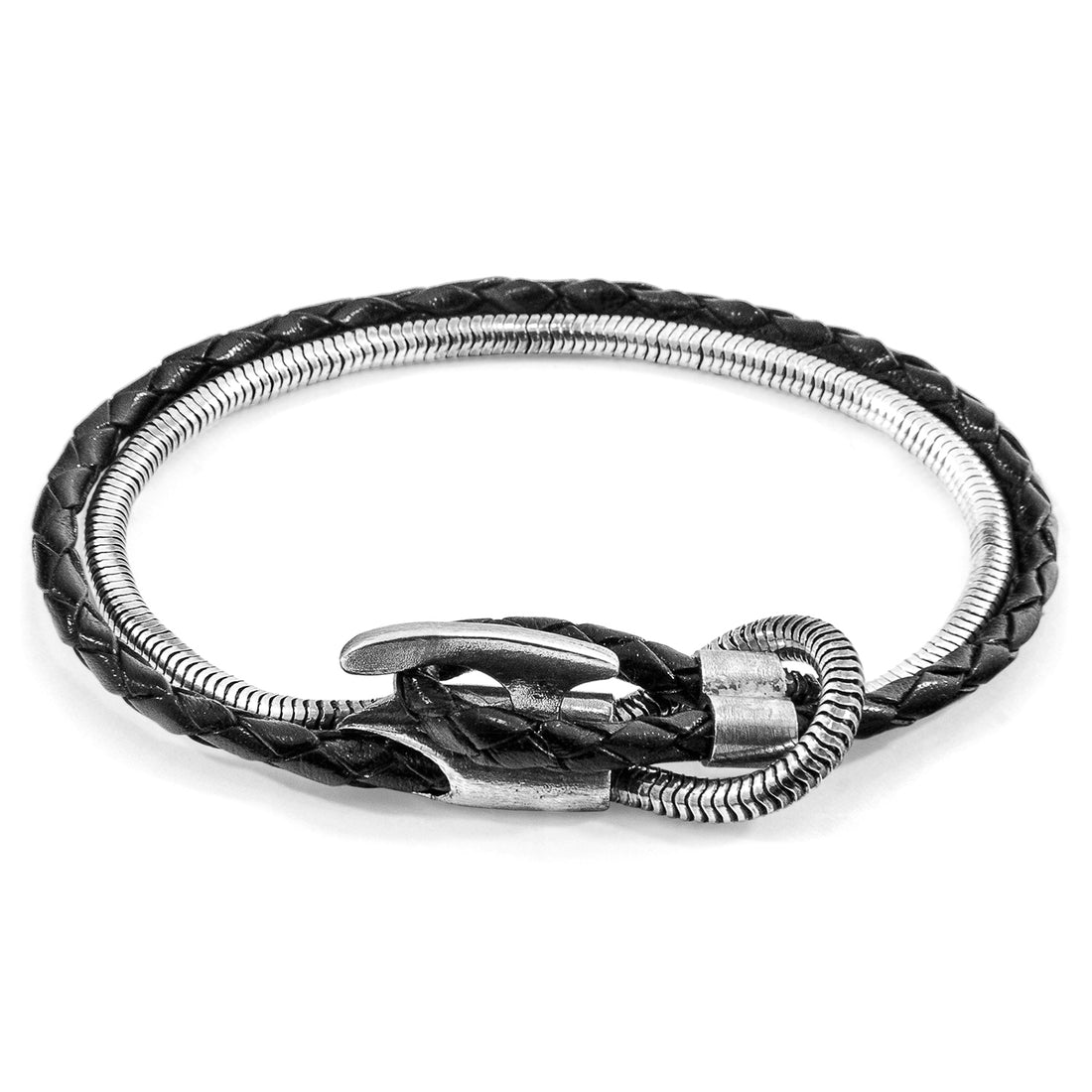 Black braided leather bracelet with silver clasp on a white background