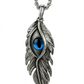 Feather-shaped pendant with a blue gemstone on a white background