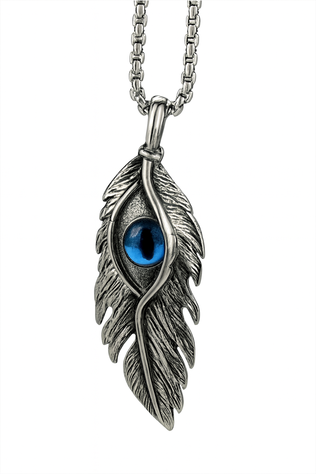 Feather-shaped pendant with a blue gemstone on a white background