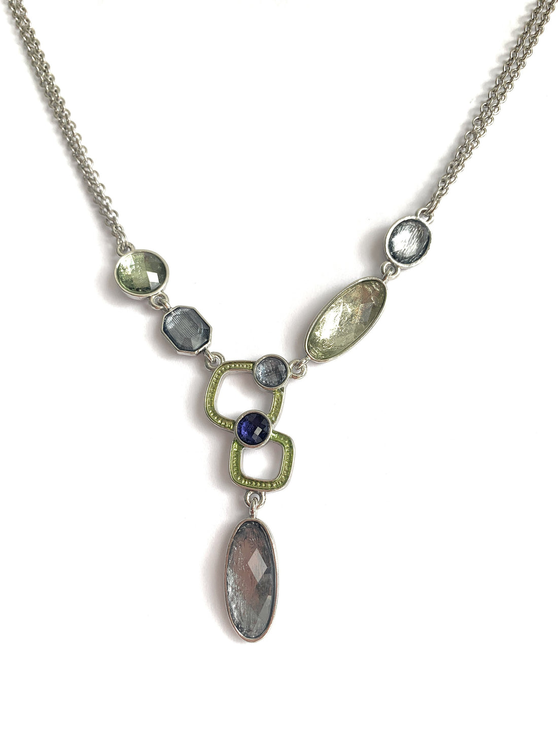 Necklace with various gemstones on a white background
